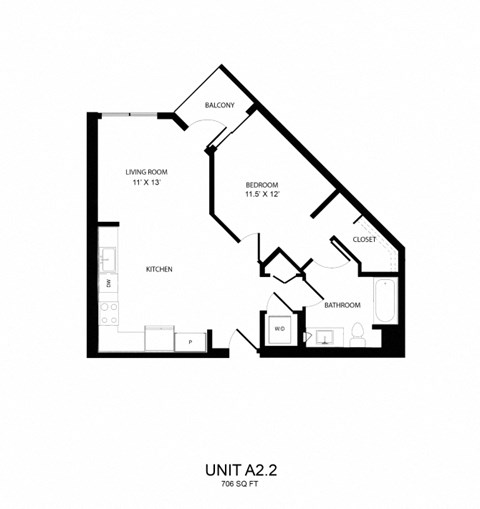 Floor plan for 1 bed, 1 bath, 706 sqft